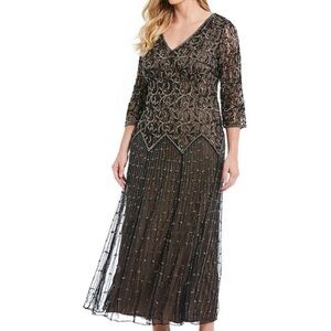 PISARRO NIGHTS 3/4 SLEEVE BEADED ART DECO MESH MIDI LENGTH COCKTAIL DRESS